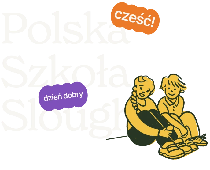 Dzieci siedzące obok napisu powitania